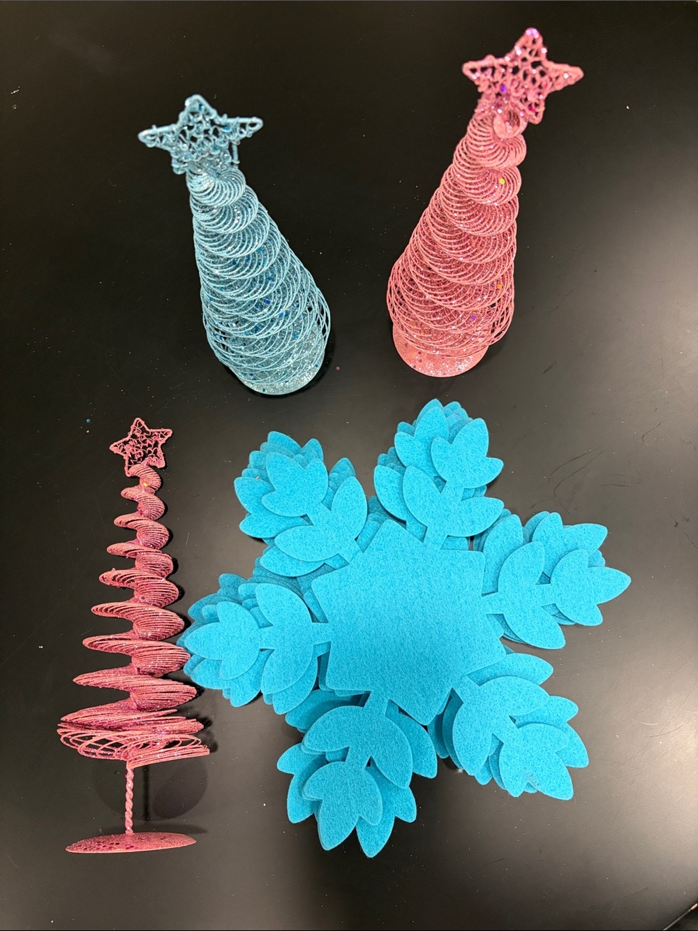 9 Blue Felt Snowflake Table Centerpiece & 3 Pink/Blue Glitter Spiral Tree Set